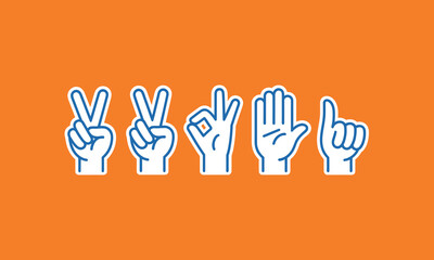 Obraz premium Five distinct hand gestures illustrating different meanings on a vibrant orange background for communication and expression