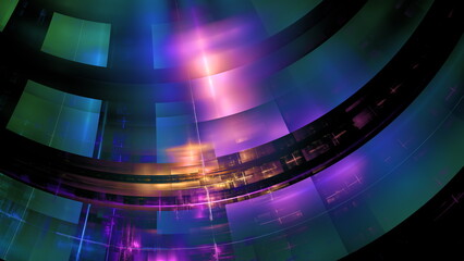 Light forms interact in a dark setting, creating colorful shapes and patterns. scene offers a mix...