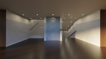 lobby in a modern building shows a staircase on one side and an elevator on the other. Bright lights shine on the walls and floor, creating a spacious feel. 3d render © angel_nt