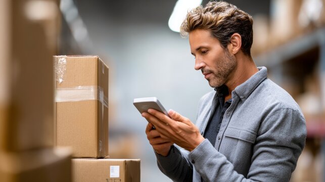 Male warehouse worker using a digital tablet for inventory management and scanning shipping boxes in a modern distribution center, optimizing supply chain logistics