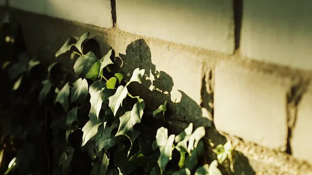 Common ivy leaves gracefully climbing and clinging to an old rustic sunlit stone wall, creating a natural green pattern against the warm textured surface