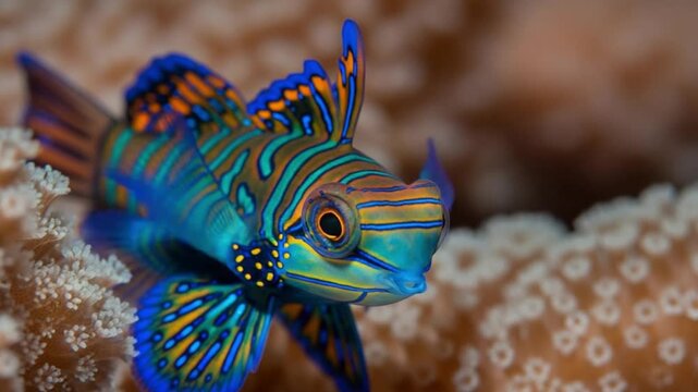 A vibrant blue and orange fish swimming near a coral reef with white sea fans and anemones