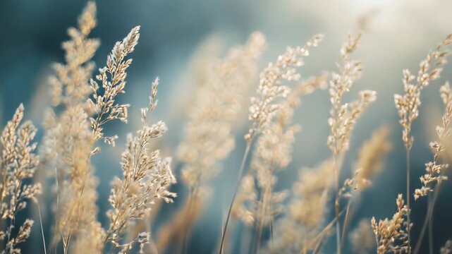 Golden wild grass spikes are catching the warm, soft light, creating a natural and peaceful scene with a blurred blue grey background, representing nature, growth, and tranquility