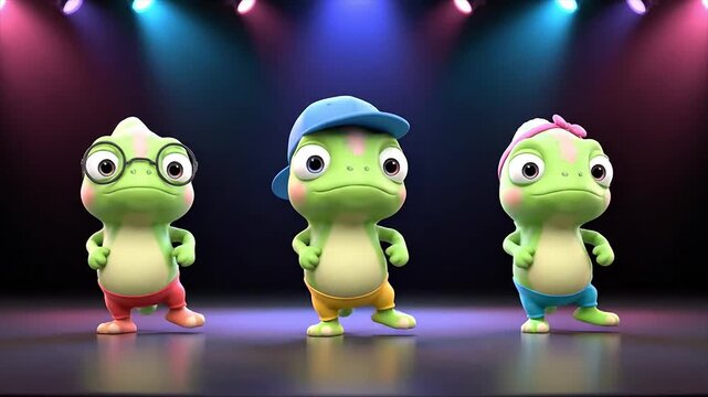 Three cute cartoon chameleons dancing hip hop on a brightly lit stage, showcasing their lively moves in a vibrant, fun performance