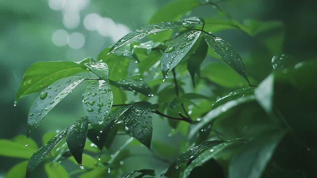 Vibrant green leaves collect numerous clear water droplets, creating a fresh and revitalizing scene in a natural environment during a rainfall, emphasizing purity and growth