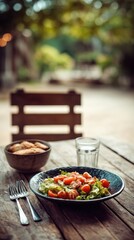 Al Fresco Dining with Fresh Salad and Bread on Rustic Wooden Table Outdoors