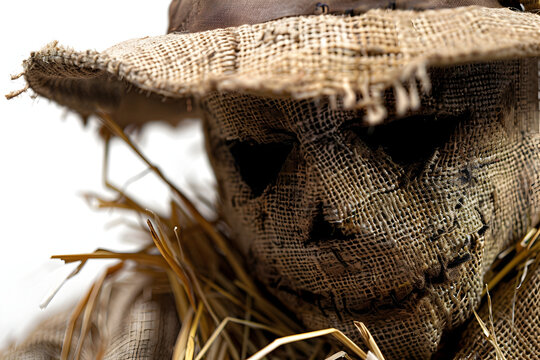 Creepy rustic scarecrow mask with coarse burlap design for halloween decor and autumn harvest