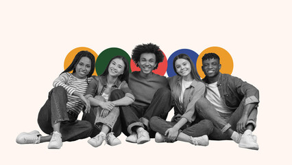 Five young individuals are sitting together. They are smiling and dressed in casual clothing. The background features colorful shapes, adding a playful vibe to the scene. © Prostock-studio