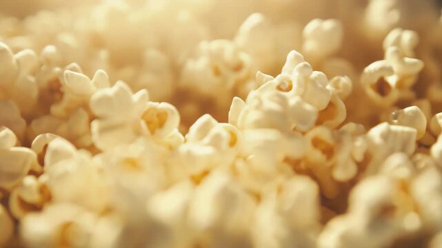 Popcorn kernels displaying a fluffy, irregular texture and warm glow, creating an inviting background for cinema, home viewing, or enjoying a delicious snack