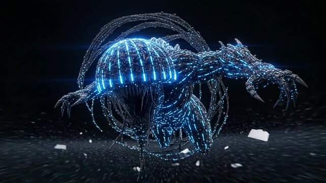 Futuristic robotic insectoid creature with glowing blue circuits and wires moving on dark background with scattered debris