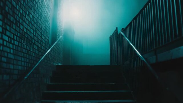 Urban staircase rising into thick fog, dim glowing light casting long shadows along brick walls and handrail, suggesting danger, mystery and a lonely, ominous path
