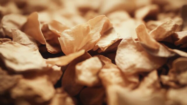 Pile of irregularly shaped golden flakes creating an abstract background texture, representing natural ingredients, healthy eating, and rustic flavor concepts