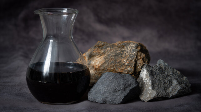 Dark Crude Oil Decanter With Shale Displaying Viscous Black Liquid Beside Rough Coal And Ore Samples On Textured Surface, Dramatic LowKey Lighting, Moody Industrial