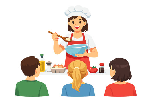 Cooking class for kids where a chef shows how to mix ingredients to create a dish in a kitchen setting with children watching closely