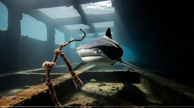 Shark swimming through sunlit shipwreck with rusty debris and ocean floor in background underwater