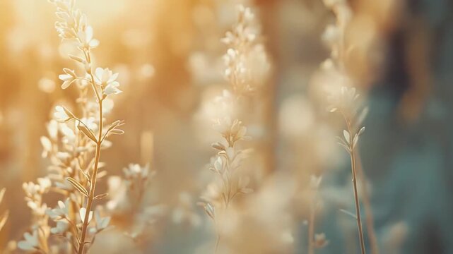 Delicate white wildflowers blooming on long stems, capturing the golden hour glow, creating a soft focus background and a serene natural beauty evoking peace and tranquility