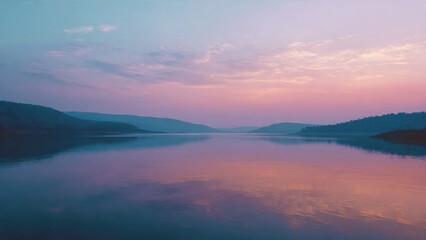 Fototapeta premium Calm lake reflects soft pink sky at dusk