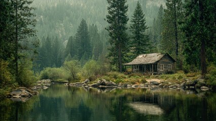 Fototapeta premium Cabin in a misty forest by a tranquil lake