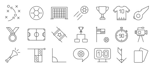 Professional soccer and football line icon set featuring ball, goal, jersey, trophy, whistle, and match strategy symbols. Editable stroke