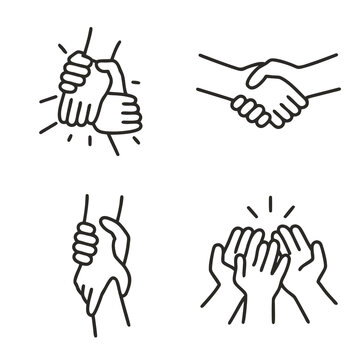 Black outline hand gesture icons set: helping grip, handshake, supportive hold and group high five. Concept of teamwork, trust, partnership, applause and community support.