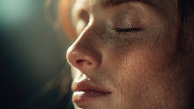Close-up of a woman's face in sunlight.