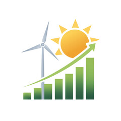 Green Energy Momentum: Depiction of clean energy progress featuring a graphic of solar energy and wind turbine soaring, as indicated by a chart trending upward