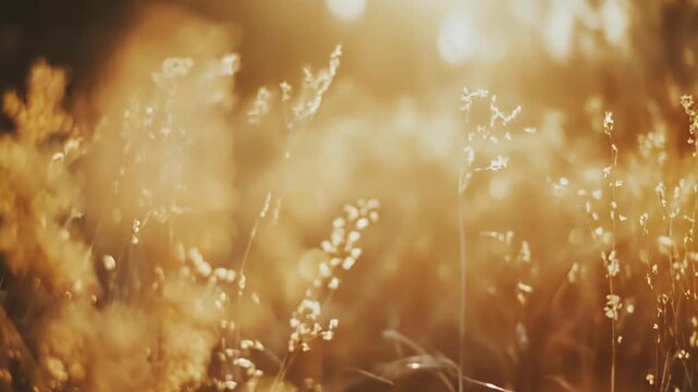 Wild grass bathed in warm golden sunlight creating a soft, blurred background with beautiful bokeh, capturing the serene and tranquil essence of a field at sunrise or sunset