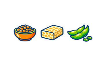 Different types of plant-based protein sources shown together on a plain background in a simple style with clear shapes and colors