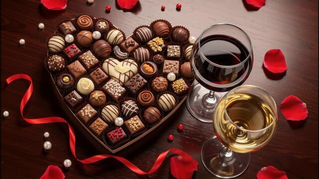 Heart shaped box of gourmet chocolates with red and white wine glasses. Romantic Valentine's Day composition with rose petals and pearls on wood. Anniversary celebration concept