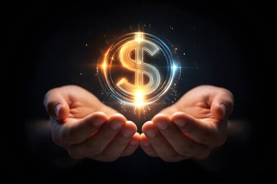 Golden digital currency and wealth management concept with glowing money symbol