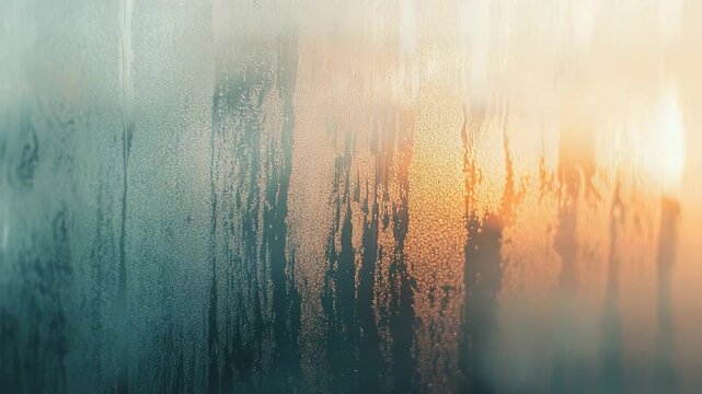Condensation creating a natural abstract pattern and texture on a window pane with a vibrant gradient of cool blue and warm orange light filtering through