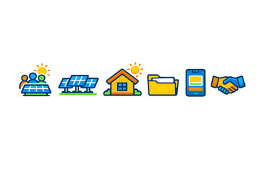 Fototapeta premium People work together on solar energy projects at a site with solar panels while a house and documents are involved alongside mobile technology