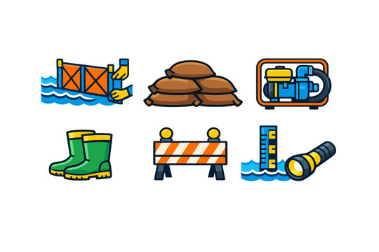 Flood control tools and equipment are shown including sandbags, pumps, safety boots, barriers, and a flashlight for flood response activities