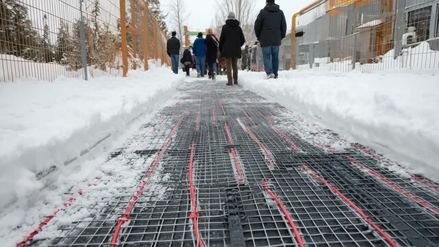 Medium shot of hybrid underfoot walkway heating combining electric and hydronic systems keeping a public path snowfree in cold weather