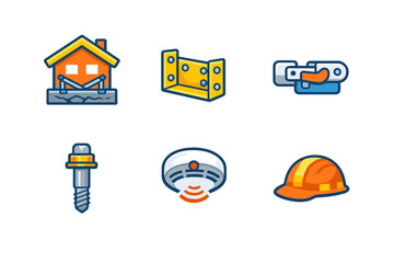 Icons show tools and safety equipment related to construction and home repair tasks found in various building sites or workshops
