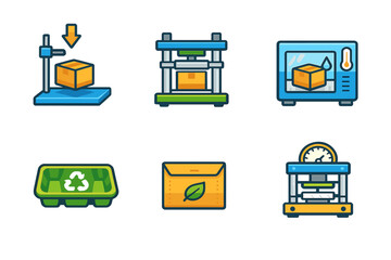 Methods of package handling and recycling process in a modern facility showcased through simple icons and designs