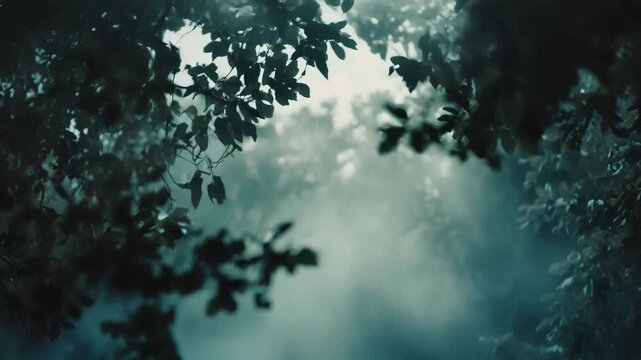 Dark tree branches and leaves form a natural frame as mist rises from the forest floor, soft light filtering through hazy air for a moody, ethereal woodland scene