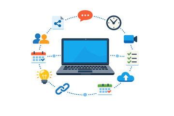Illustration of a laptop surrounded by various icons representing digital communication and productivity tools in a work environment
