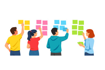 Team members work together on a project using colorful sticky notes in a bright room during a brainstorming session on a weekday afternoon