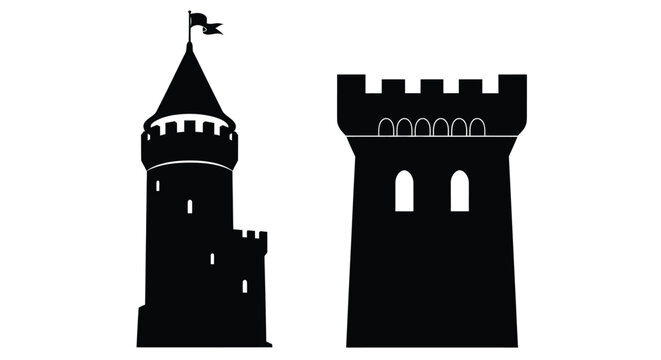 Two black castle towers stand against a white background silhouette