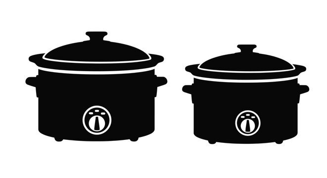 Two black slow cookers depicted in a stark silhouette