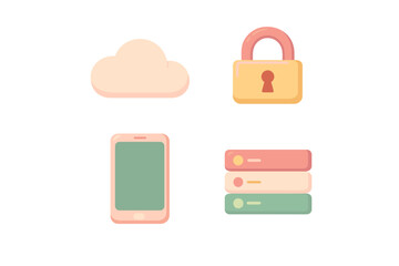 Obraz premium Various digital symbols displayed including a cloud icon, a lock sign, a mobile device, and data servers arranged in a clean layout