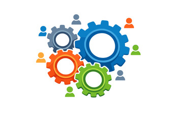 Gears and people working together on a project in a modern setting