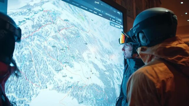 Medium shot featuring a group of skiers gathered around a wallmounted digital map discussing and planning their route on the touchscreen display.