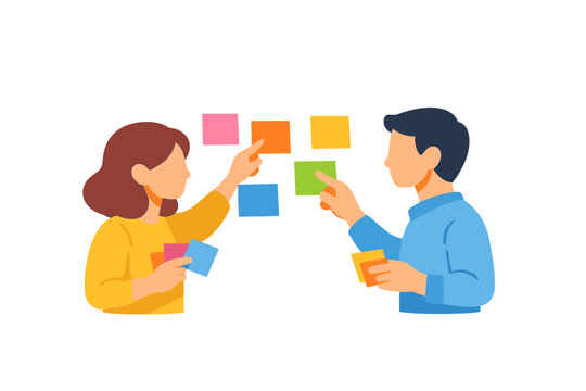Collaboration between two people as they sort colorful sticky notes in a modern workspace during a team meeting for project planning