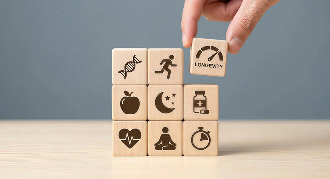 Hand places wooden block with longevity meter, symbolizing healthy lifestyle choices for long life, wellness, and vitality.