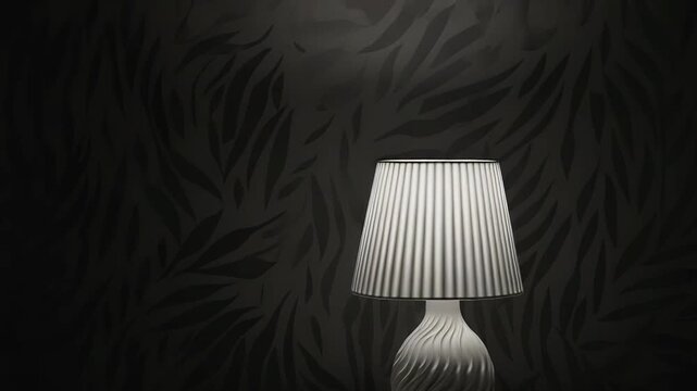 Modern white table lamp creating a focused beam of light in a minimalist, dark room with a subtle, patterned wallpaper, highlighting contemporary home decor and illumination design