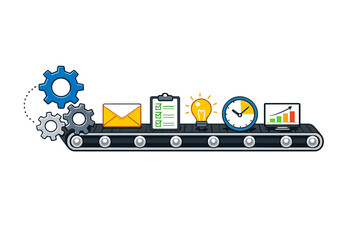 Conveyor belt shows different tasks and tools related to productivity and organization in an office setting at a modern workplace