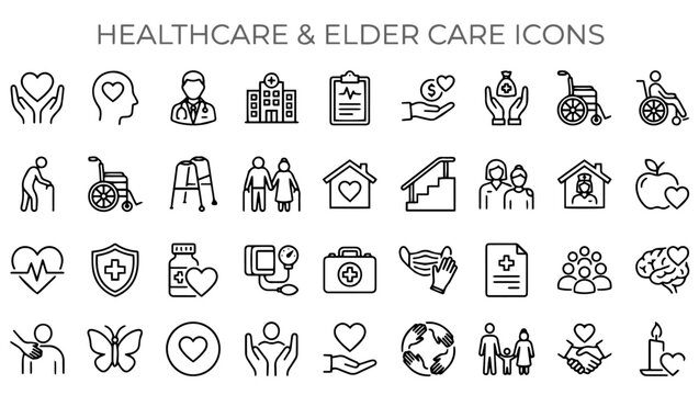 Healthcare & Elder Care Icon Set &ndash; 30+ Minimalist Line Icons, healthcare icons, medical icons, elder care icons, wellness icons, caregiving icons, hospital icons, doctor icons, nurse icons, 