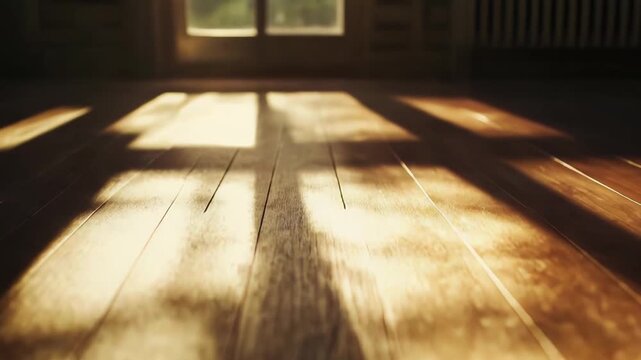 Sunlight creates a warm glow and natural shadow patterns across the surface of an empty room's wood plank floor, emphasizing the texture and inviting atmosphere of the space